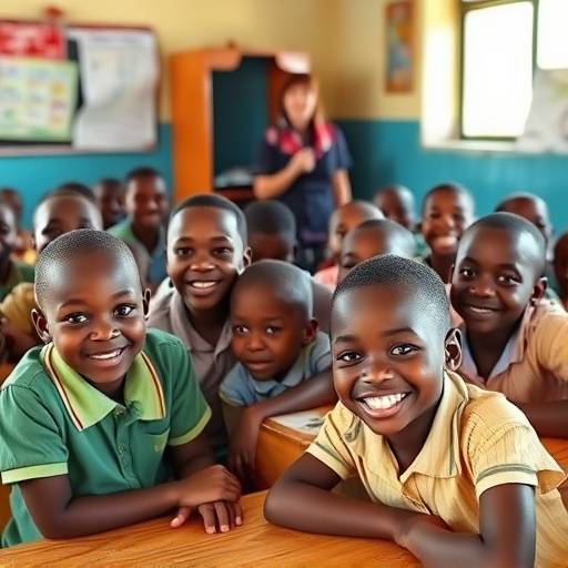 A group of happy Ugandan school children in a classroom, smiling and engaging with their teacher.