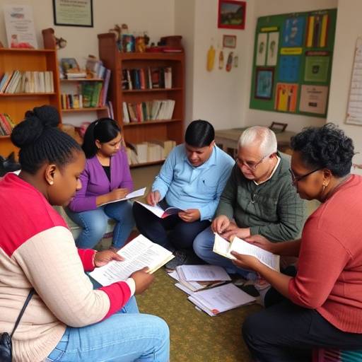 Adult literacy class with participants learning to read and write in a community center.