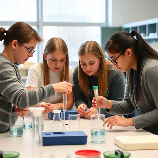 Secondary school students working together on a science experiment in a laboratory.