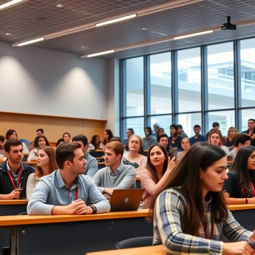 University students attending a lecture in a modern classroom.